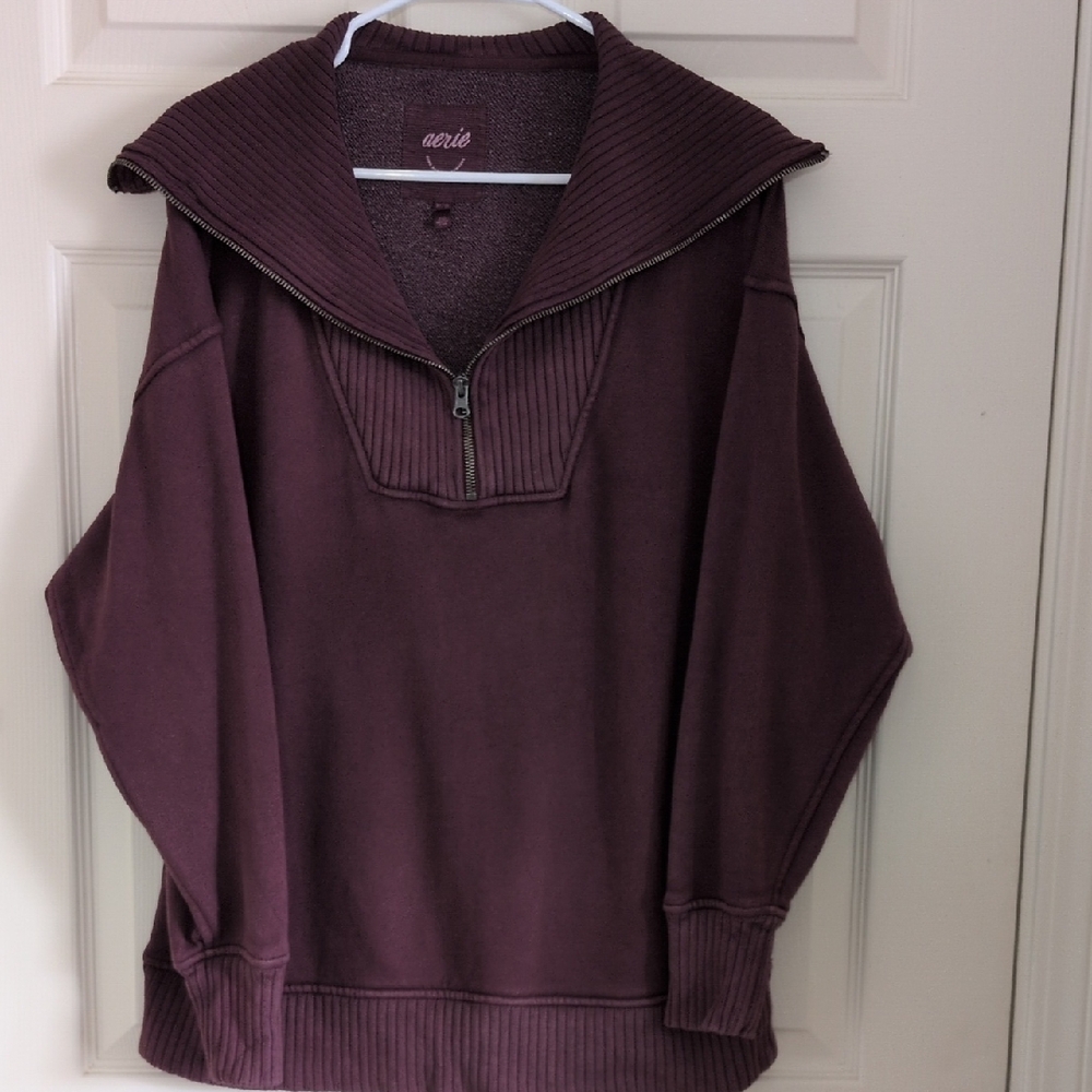 aerie Plum Half-Zip Ribbed Collar Sweatshirt
